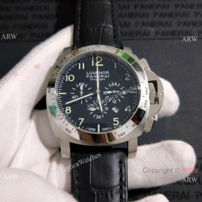 High Quality Panerai Luminor Daylight 44mm Black Dial Black Leather Strap